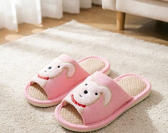 Handmade Kids Canvas Slippers - Pink & Blue Puppy Design - Soft Linen Indoor Shoes for Girls and Boys
