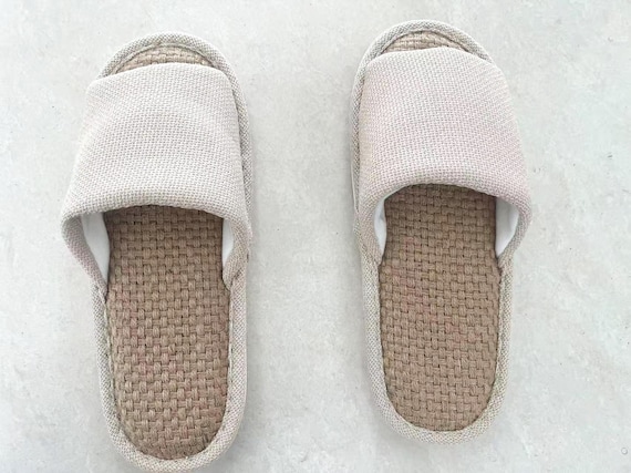 Japanese Tatami Linen Slippers, Breathable Open-Toe Summer House Slides, Comfortable Linen Sandals for Men, Open-Toe Summer House Slides