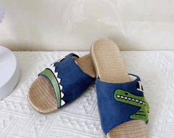 Handmade Kids Linen Slippers Toddler Girl Boy Animal Cross Stitch Cotton House Shoes Soft Sole Breathable Summer Sandals