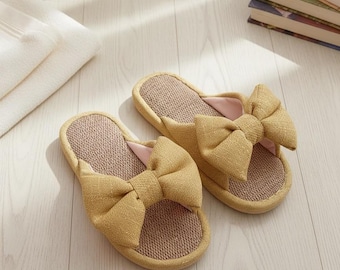 Handmade Linen Blend Bow Sandals for Women, Summer Casual House Slippers, Thick Non Slip Rubber Sole, Breathable Indoor Outdoor Flat