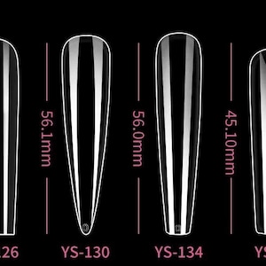 May include: Four clear plastic nail tips in different sizes, labeled with their measurements in millimeters and product codes: YS-126, YS-130, YS-134, and YS-168.