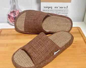 Linen Summer Slippers, Unisex Breathable House Sandals with Non-Slip PVC Sole, Lightweight Open Toe Indoor Footwear, Green White Available