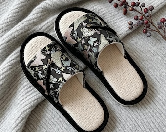 Vintage Embroidered Butterfly Slippers Women, Retro Floral Silk Linen Mules, Cozy Indoor Home Shoes, Black Pink White 35-40