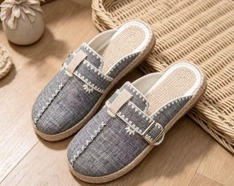 Linen Closed Toe Mules for Women, Breathable Cotton Slip-On Slippers, Bohemian Embroidered Flat Shoes for Casual & Office Wear, Gift Idea