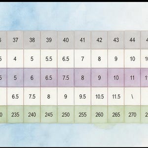 May include: A size chart for sandals, featuring EUR, UK, US Man, US Woman, and CN sizes. The chart includes measurements for sizes 35 to 48 EUR, 2.5 to 13 UK, 3.5 to 14 US Man, 5 to 11.5 US Woman, and 225 to 290 CN.