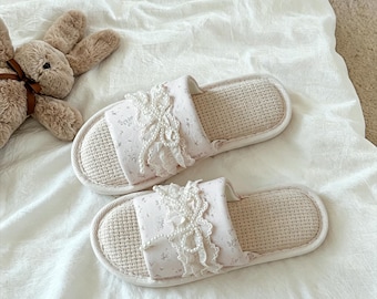 Hand Stitched Vintage Floral Linen Slippers, Soft Breathable Indoor House Shoes, Pink & Lavender Non Slip Floor Slippers, Cozy Home Footwear