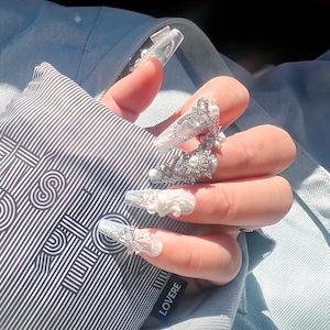 Swan Lake Press On Nails: Handmade Icy Sheer Pearl Rhinestone Gemstone Nail Art