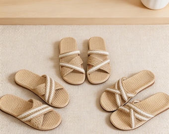 Womens Woven Straw Slippers, Indoor-Outdoor Summer Sandals,Comfortable Linen Slippers for Women