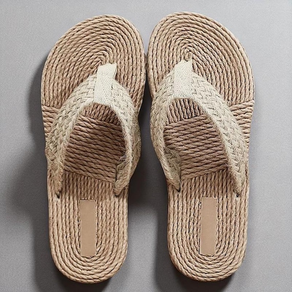 Japanese Tatami Unisex PU Sandals, Rattan Flip Flops, Bohemian Beach Slides, Comfortable Flat Sole Summer Sandals, Grounding Footed Slippers