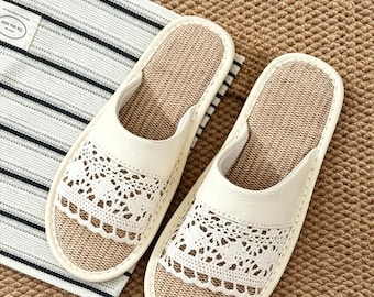 Lace Linen Indoor Slide Slippers, Breathable Non-Slip PVC Sole House Shoes, Summer Daily Home Gift For Women Men