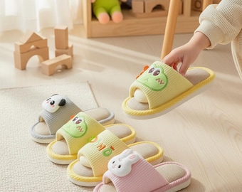 Breathable Linen Kids Slippers - Cozy Cotton-Lined House Shoes for Boys & Girls - Non-Slip Indoor Mules for Nursery and Home