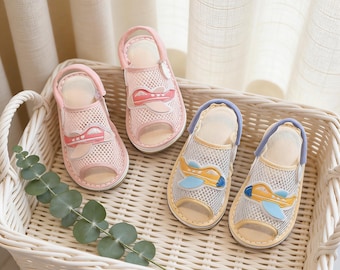 Toddler Linen Slide Sandals, Soft Sole Non-Slip Home Slippers, Breathable Mesh Summer Shoes, Cute Airplane Appliqué, Kids Indoor Footwear