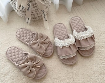 Lace Trimmed Bowknot Slippers for Women Universal Size 35 39 Non Slip House Shoes Soft Home Shoes Cozy Indoor Shoes