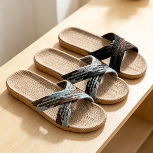 Pantoufles en lin tissé coloré pour hommes, toboggans d'intérieur antidérapants en EVA à brides croisées, sandales confortables