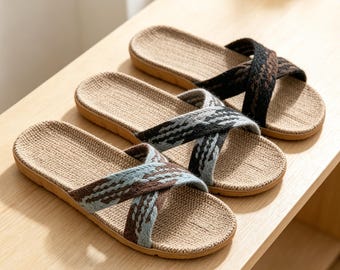 Men  Colorful Woven Linen Slippers, Cross Strap EVA Anti Slip Indoor House Slides ,Comfortable Sandals