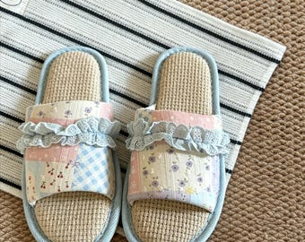 Ruffled Lace Trim Linen House Slippers, Handcrafted Breathable Non Slip Indoor Slides, Cute Sweet Home Footwear, Daily Casual Gift For Women