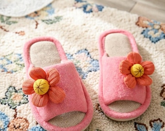Handmade Girls Linen Slippers - Pink Strawberry & Floral Design - Breathable Canvas Kids Indoor Shoes - Toddler and Kids