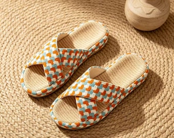 Non-Slip Quiet Linen Slippers for Women, Summer Breathable Sweat-Absorbent Indoor House Shoes, Orange Red Green, Housewarming Gift