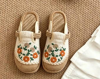 Damen Sommer faule Slip-On gestickte Fischerschuhe, handgefertigte Stroh gewebte Leinen Strand Hausschuhe, bequeme flache Sandalen für den täglichen Gebrauch