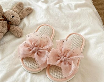 Pink Tulle Bow Linen Slide Slippers, Open-Toe Indoor Shoes, Sweet Home Gift