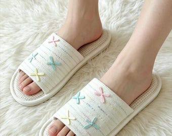 Hand Sewn Bow Linen Slippers, Candy Color Non Slip Indoor Home Shoes, Breathable Casual Slippers for Birthday Valentine Gift
