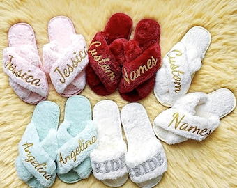 Embroidered Bridal Slippers: Custom Bachelorette Party Gift, Soft Fluffy Wedding Shoes