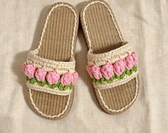 Tulip Knitted Slippers, Hand Crochet Linen Sole Shoes, Breathable Soft Sole Slides, Casual Indoor Outdoor Footwear, Birthday Holiday Gift