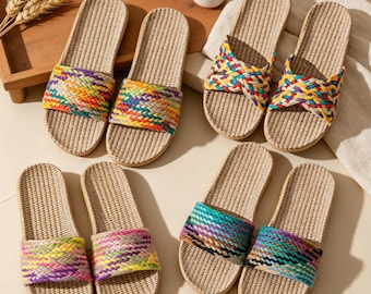 Womens Colorful Linen Woven Slippers, Thick Midsole EVA Anti Slip Boho Indoor House Slides,Comfortable Sandals