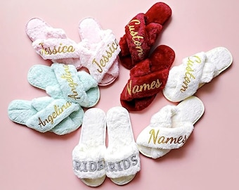 Personalized Bridal Slippers - Custom Name Plush Wedding Party Gifts for Bride & Bridesmaids, Soft Fuzzy House Shoes with Monogram Detail