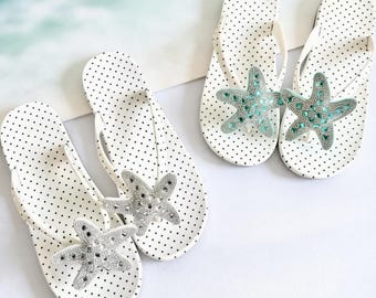 Sparkly Rhinestone Y2K Wedge Sandals, Blue White Starfish Thong Heels, Chunky Platform Vacation Shoes, Women Size 36-39