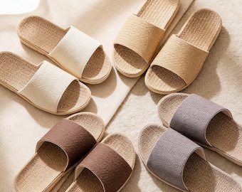 Linen Woven Slippers, Indoor SPA Sandals,Breathable Non-Slip Quiet Indoor House Slippers,Breathable Sandals