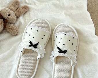 French Polka Dot Bow Slippers, Thick Linen Sole House Shoes, Non Slip Breathable Slides, Casual Indoor Footwear, Holiday Birthday Gift