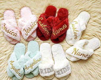 Custom Embroidered Wedding Slippers: Bridal Party Gift, Personalized Name