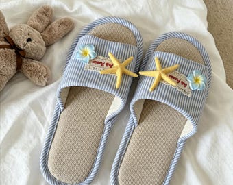 Tropical Island Linen Slides - Handcrafted Style Starfish & Frangipani Summer Slippers - Breathable Striped Linen Sandals for Home