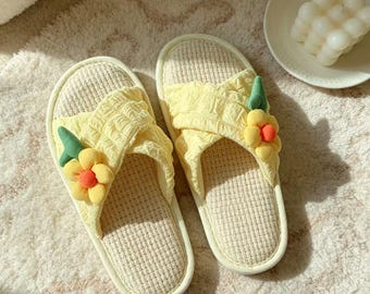 Retro Cross Bubble Grid Slippers, Linen Non-Slip Indoor House Shoes for Women, Spring Summer Soft Sweet Style, Yellow Pink Green Ivory