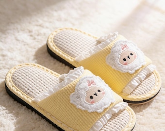 Cute Yellow Lamb Kids Linen Slippers Breathable Anti-Odor Cotton Yarn Sole Toddler Indoor House Shoes For Spring Summer