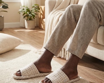 Linen Summer Slippers, Breathable Open Toe House Sandals, Non-Slip PVC Sole, Living Room Sandals for Men, Soft Slippers for Women