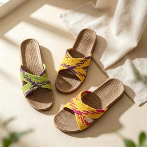 Pantoufles en lin tissé coloré pour femmes, toboggans d'intérieur antidérapants en EVA à brides croisées, sandales confortables