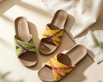 Womens Colorful Woven Linen Slippers, Cross Strap EVA Anti Slip Indoor House Slides ,Comfortable Sandals