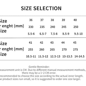 May include: Size chart with EU and US shoe sizes. Includes inner length in millimeters, ranging from 230mm to 275mm. US sizes range from 5.5-6 to 14-14.5. The text "SIZE SELECTION" is at the top.