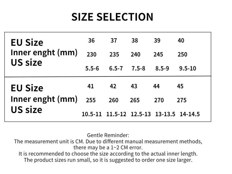 May include: Size chart with EU and US shoe sizes. Includes inner length in millimeters, ranging from 230mm to 275mm. US sizes range from 5.5-6 to 14-14.5. The text "SIZE SELECTION" is at the top.