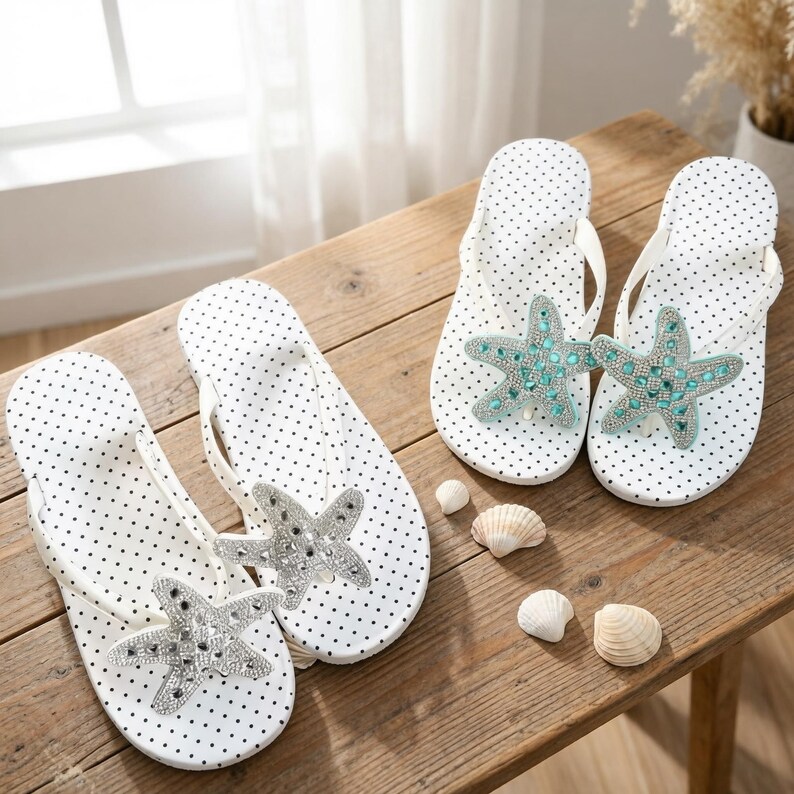 May include: White polka dot flip-flops with a starfish embellishment. The starfish is decorated with silver and turquoise rhinestones. The flip-flops are displayed on a wooden surface with seashells.