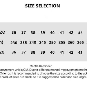 May include: A size chart for shoes, with the text "SIZE SELECTION" at the top. The chart shows shoe sizes from 36 to 45, with corresponding inner lengths in millimeters (mm) ranging from 230mm to 275mm. The chart also includes a "Suitable Size" row.