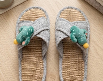 Women's Cross Linen Slippers, Breathable Summer Sandals with Fruit Cactus Design, Non-Slip Rubber Sole Indoor Outdoor Slides