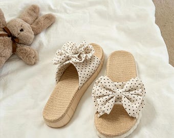 Bow Linen Slide Slippers, Polka Dot Women’s Summer Sandals, Breathable EVA Sole House Shoes, Beige Indoor Outdoor Slippers
