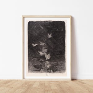 May include: A black and white print of a vintage illustration of butterflies flying over a dark, watery surface.