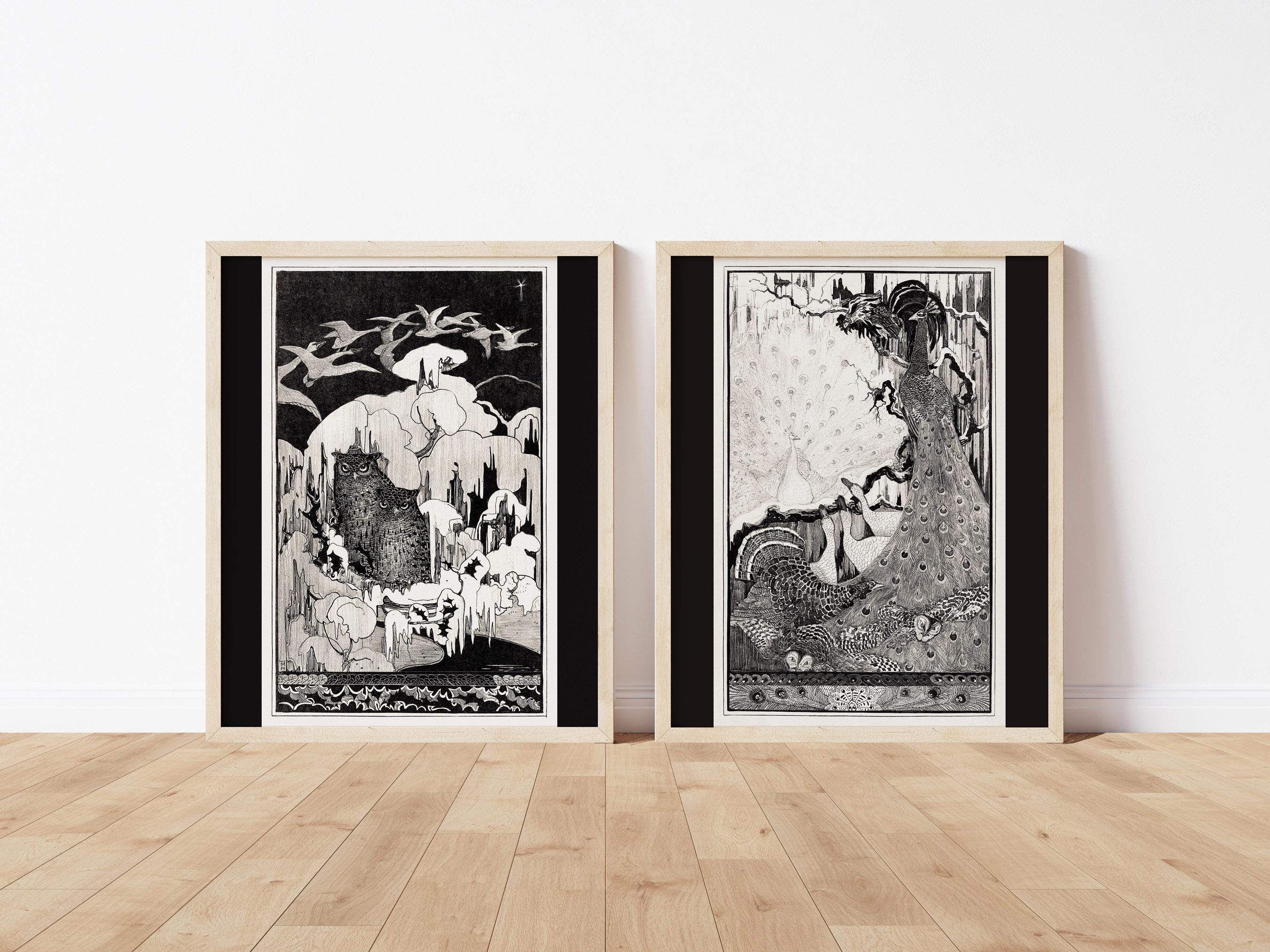 Art Nouveau Bird Poster Owl Peacock Swan Print Set of 2 Black White Wall Decor Vintage Illustration 