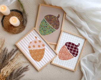 Acorn Wall Art Set of 3 Prints, Plaid Acorn Poster, Printable Art, Fall Holiday Hosting Decor, Neutral Color Thanksgiving Wall Art Display