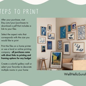 Puede incluir: Una pared de galer&iacute;a con impresiones art&iacute;sticas enmarcadas en varios tama&ntilde;os y estilos, incluyendo patrones florales azules, mariposas y una impresi&oacute;n de Van Gogh. La imagen incluye el texto "STEPS TO PRINT" y "WellHelloSunshineIN".