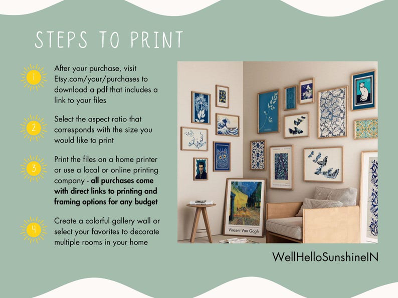 Puede incluir: Una pared de galer&iacute;a con impresiones art&iacute;sticas enmarcadas en varios tama&ntilde;os y estilos, incluyendo patrones florales azules, mariposas y una impresi&oacute;n de Van Gogh. La imagen incluye el texto "STEPS TO PRINT" y "WellHelloSunshineIN".
